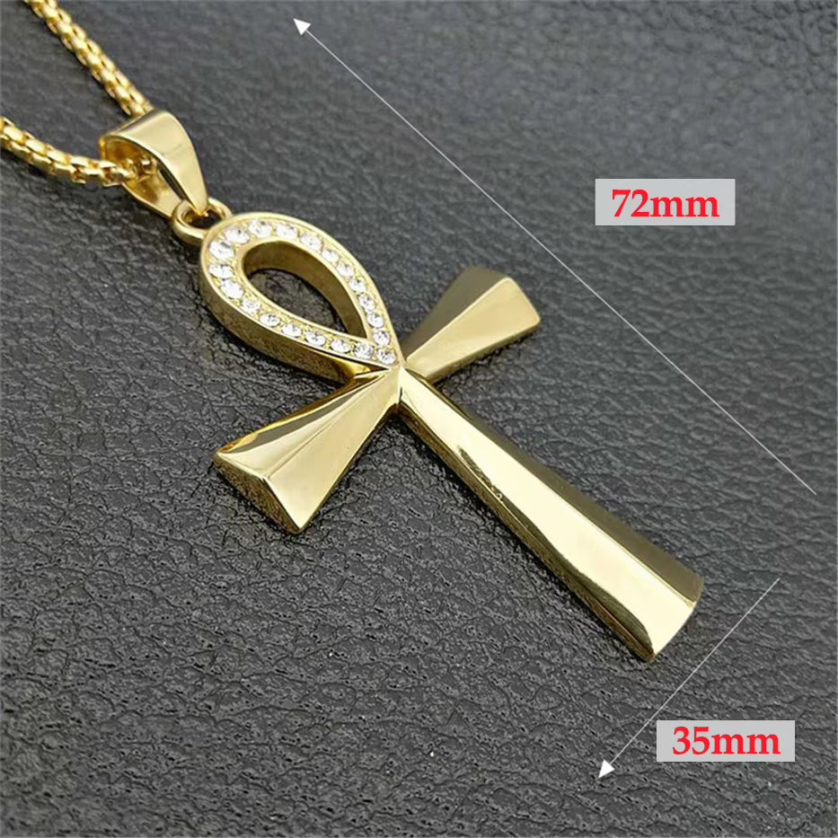 Iced Ankh Pendant Necklace Gold-Tone Stainless Steel Key of Life with Crystal Detailing
