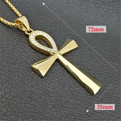 Iced Ankh Pendant Necklace Gold-Tone Stainless Steel Key of Life with Crystal Detailing