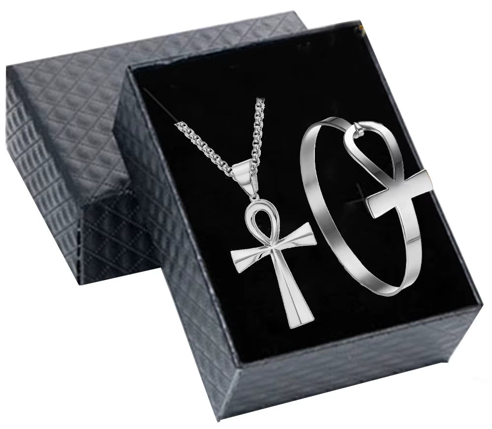 Ankh Jewelry Set Pendant &amp; Cuff – 316L Stainless Steel