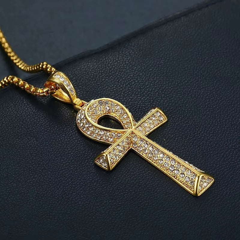 Iced Ankh Cross Pendant Stainless Steel Necklace with Full Crystal Detailing (Unisex)