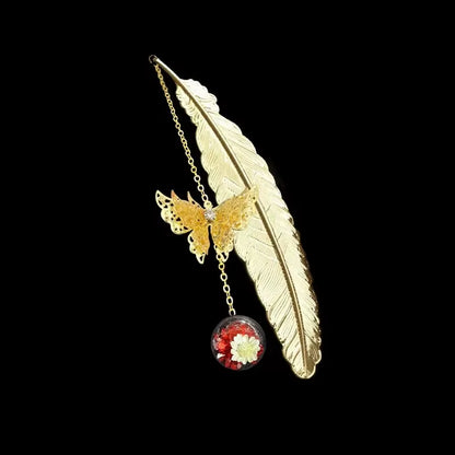 Metal Feather Bookmark with Butterfly &amp; Dried Flower Pendant