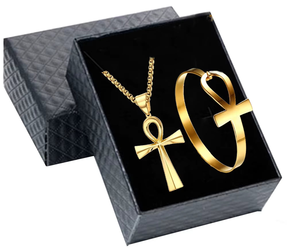 Ankh Jewelry Set Pendant &amp; Cuff – 316L Stainless Steel