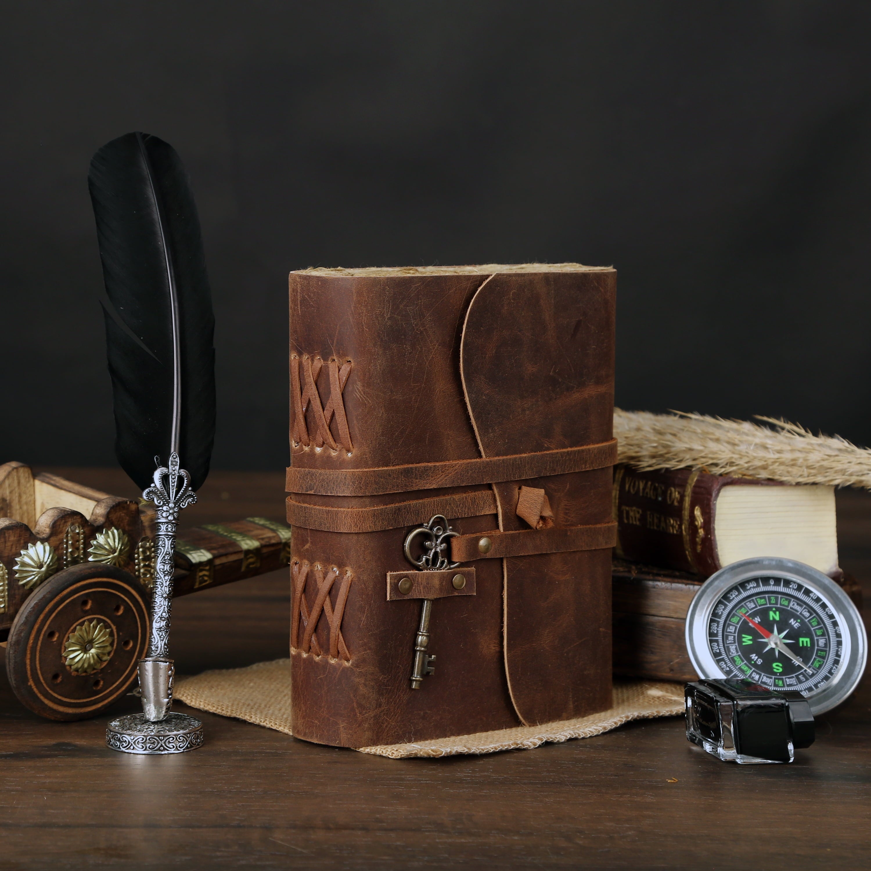  Vintage Leather Journal with Lined Deckle-Edge Paper &amp; Key Closure 8 × 6 Inches • 240 Pages • Handmade