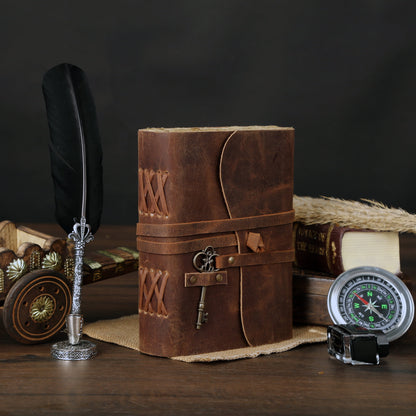  Vintage Leather Journal with Lined Deckle-Edge Paper &amp; Key Closure 8 × 6 Inches • 240 Pages • Handmade