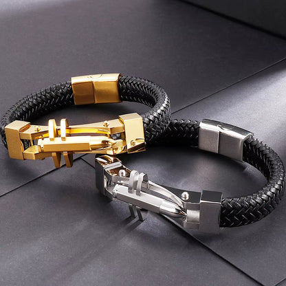 Black Leather &amp; Steel Bracelet 316L Stainless Steel Clasp | Structured Men’s Wristband